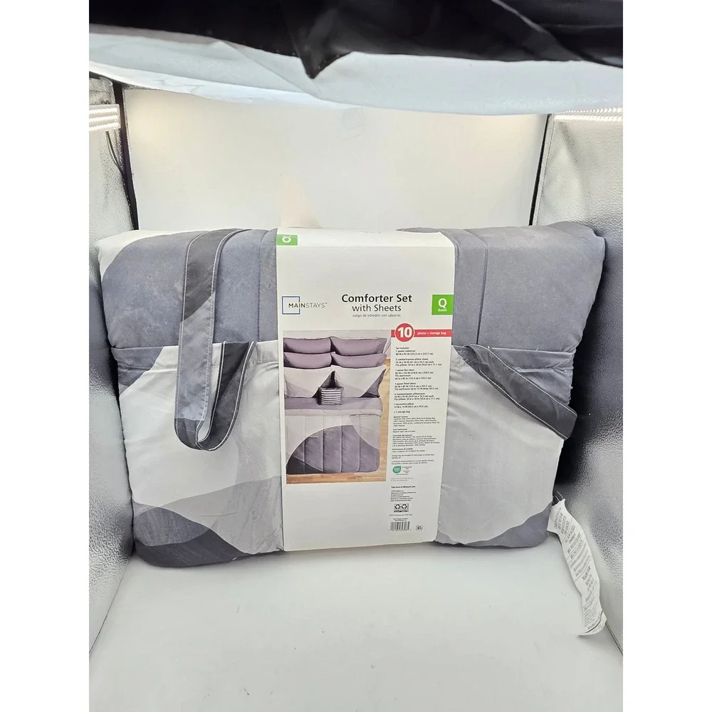 Mainstays Queen Comforter Set 10 Piece Grey White Geometric Sheets Pillow Set